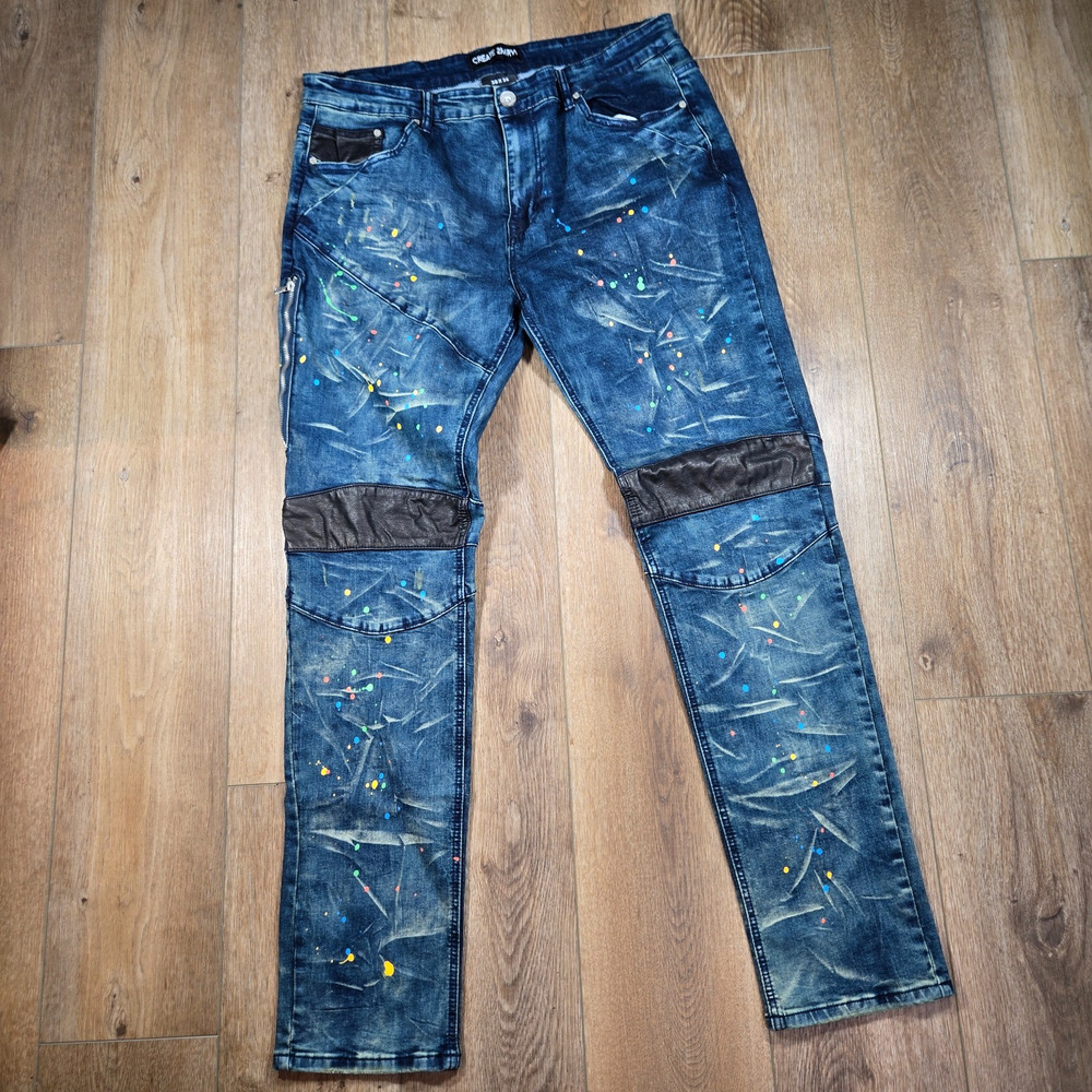 Create 2MRW Jeans Mens 38x34 Dark Wash Skinny Moto Speckled Biker Denim